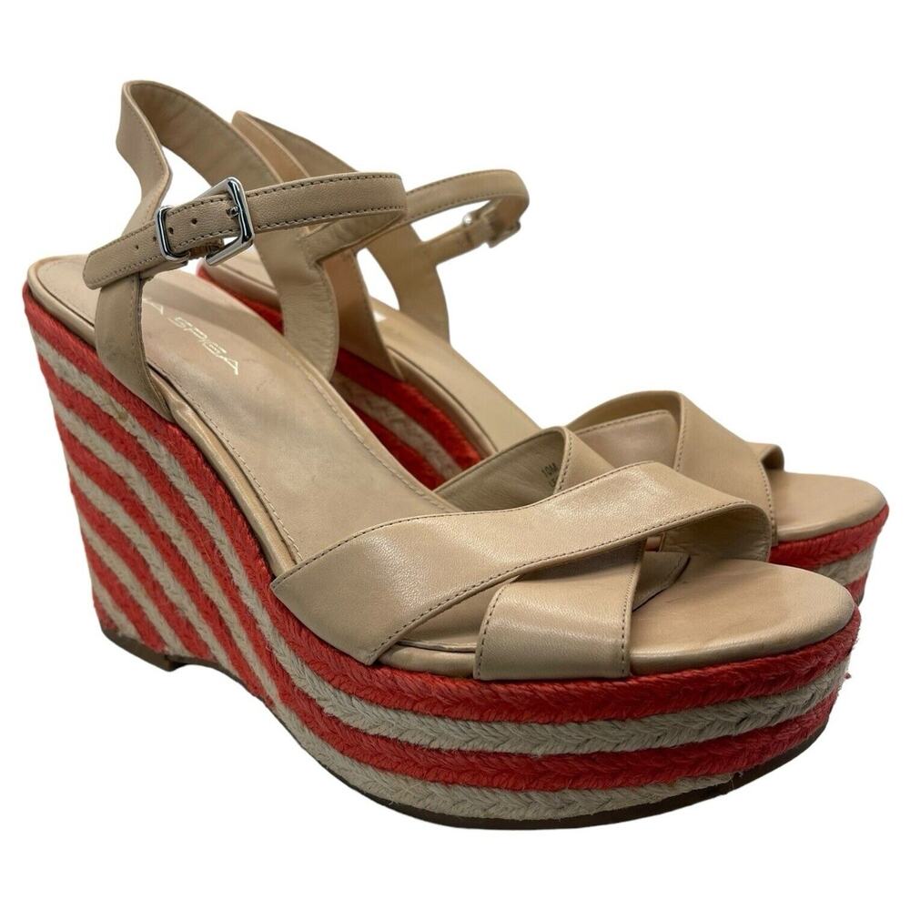 Via Spiga 10 Wedge Espadrille Platform Sandals Nude Leather Braided Coral